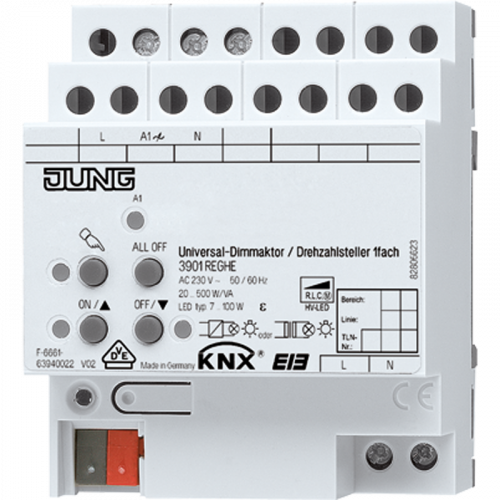 Jung 3901REGHE KNX LED-Universal-Dimmaktor / Drehzahlsteller, 1fach, AC 110 ... 230 V ~, 50/60 Hz, 4 TE